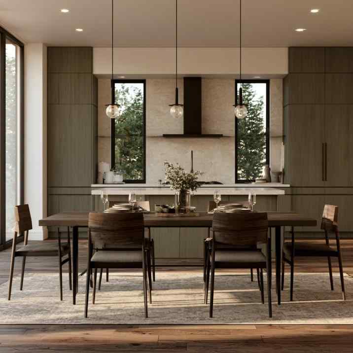 Wall-mounted kitchen chimney design on stone backsplash