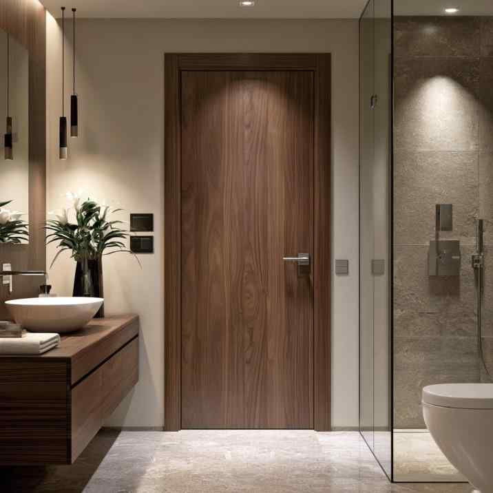 Walnut WPC bathroom door design in modern bathroom