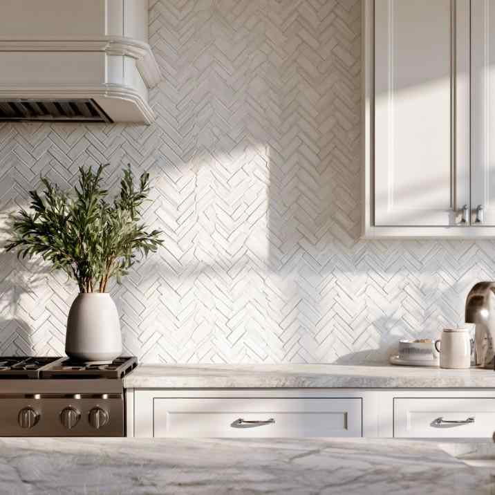 White herringbone subway kitchen wall tiles