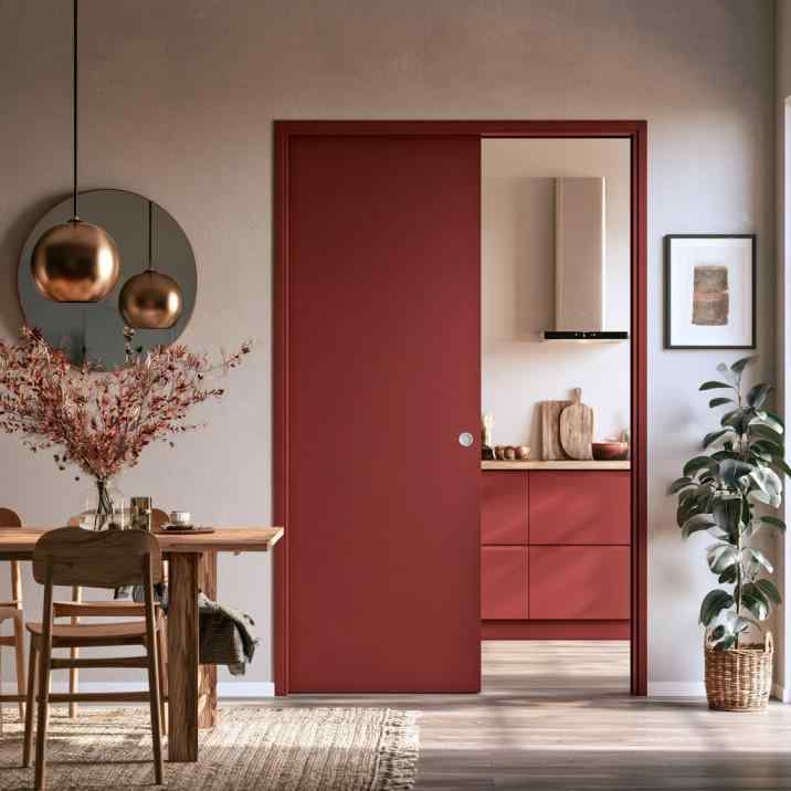 Maroon single-panel kitchen sliding door partly open
