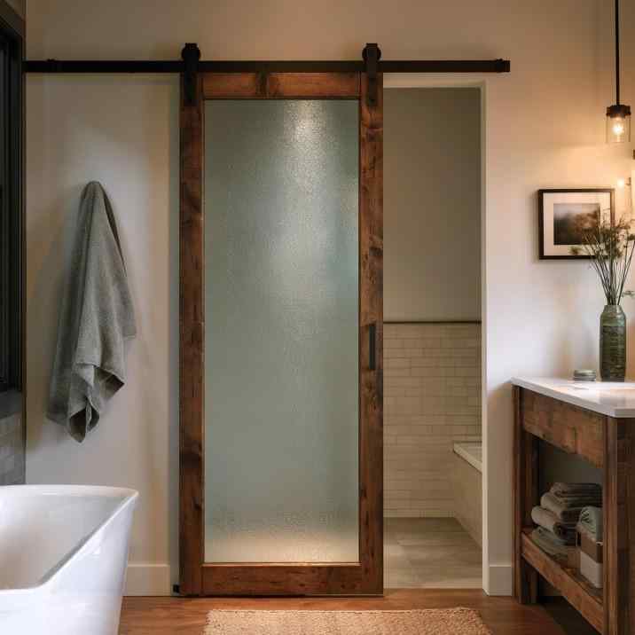 Sliding bathroom door with frosted glass and wood frame
