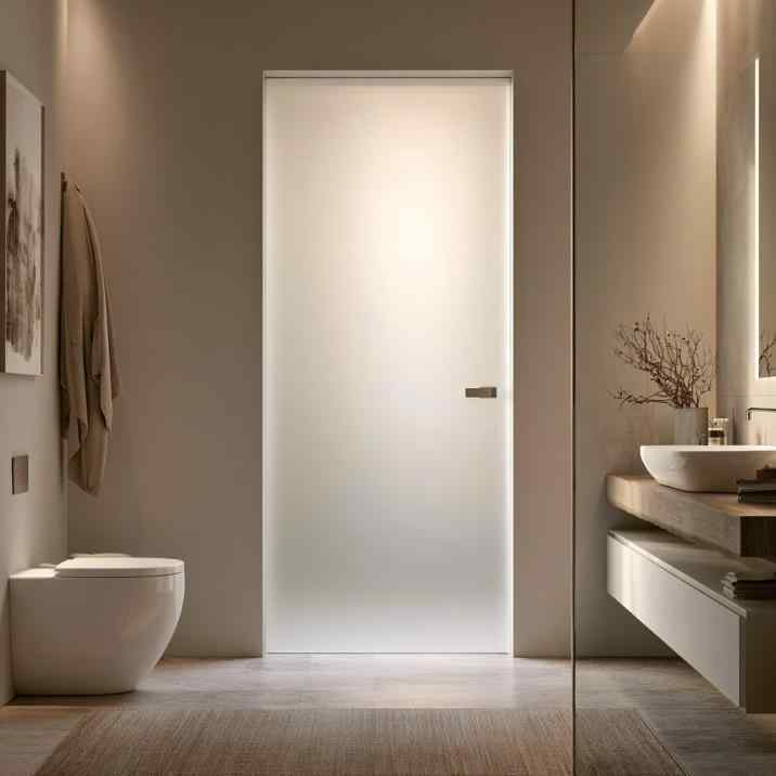 Minimal frosted glass bathroom door in compact bathroom