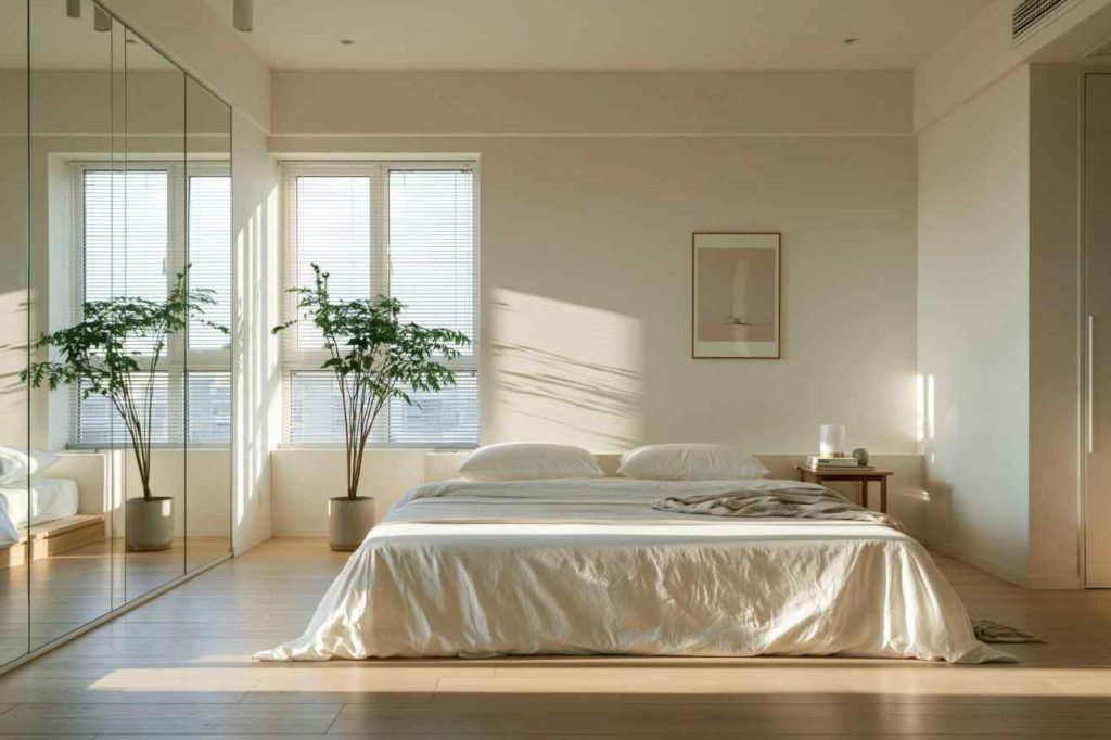 Mirrored sliding wardrobe design in minimalist bedroom