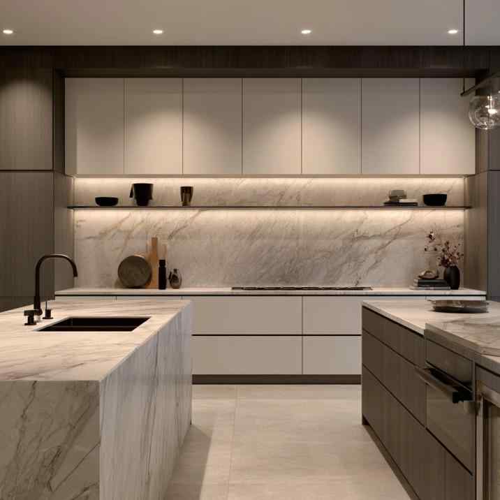 Marble-effect kitchen wall tile backsplash design