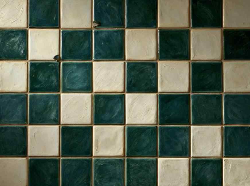 Green and cream checkerboard kitchen wall tiles