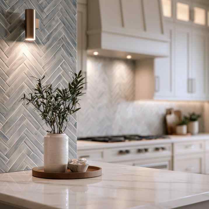Grey herringbone and white subway kitchen tiles