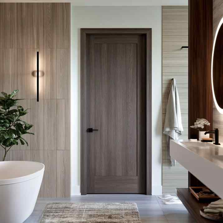 Grey WPC bathroom door design with wood-grain finish