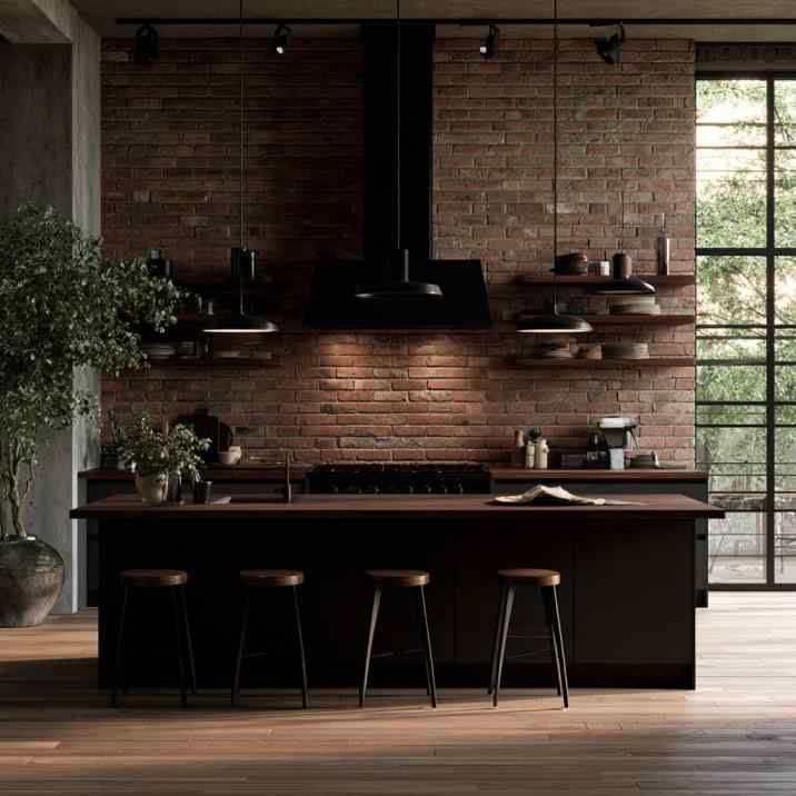 Black kitchen chimney design on red brick wall