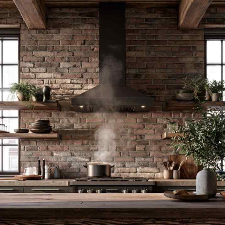 Black kitchen chimney extracting steam on brick wall
