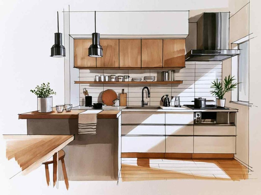 Stainless steel kitchen chimney with wooden cabinets illustration