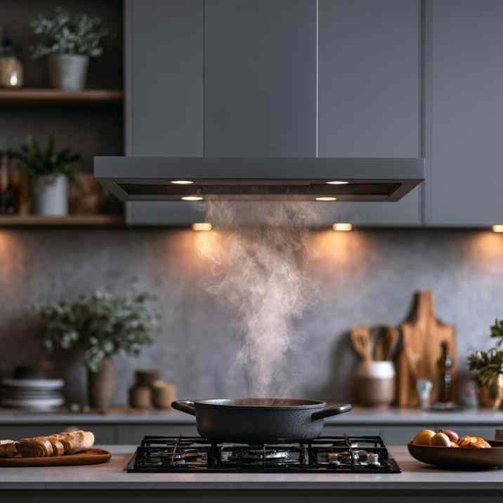 Ducted kitchen chimney drawing steam above gas hob
