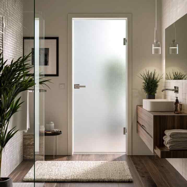 Frosted glass bathroom door design in modern bathroom