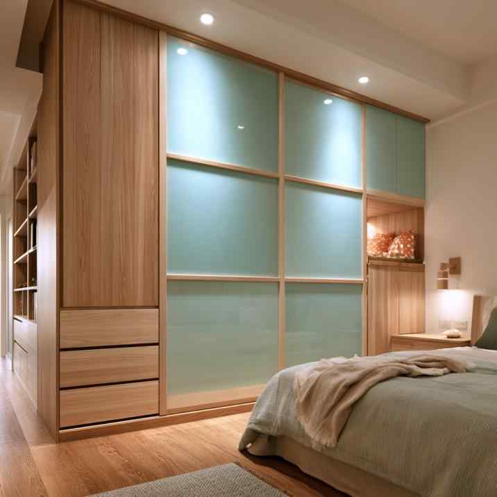 Frosted glass sliding wardrobe with loft and wood frame