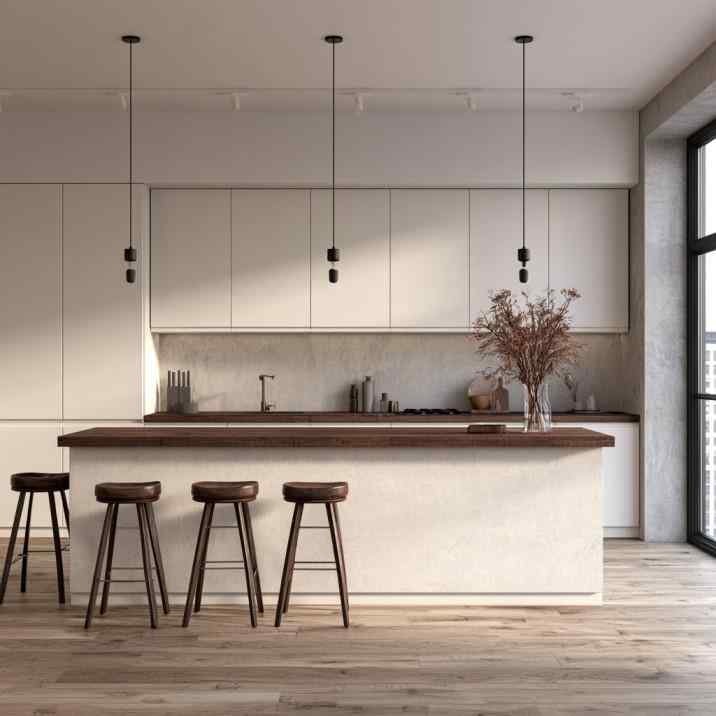 Built-in kitchen chimney concealed in white modular cabinets