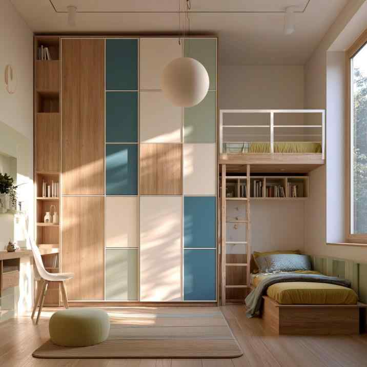 Colourful sliding wardrobe design in kids bedroom