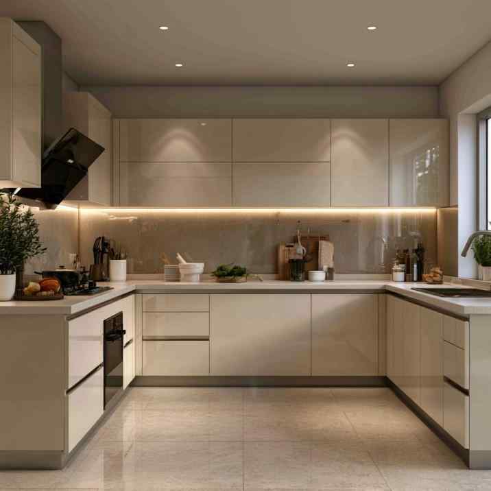 Black glass angled chimney in U-shaped modular kitchen