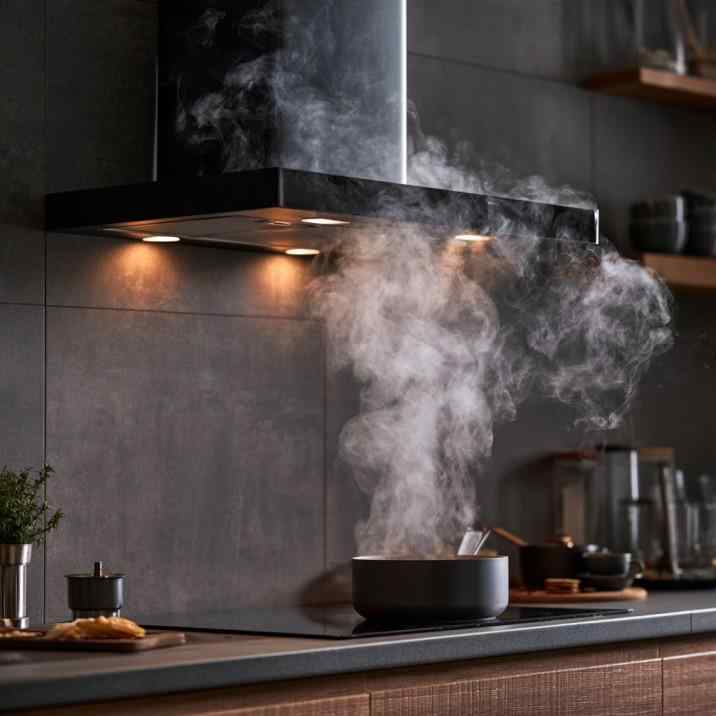  Black kitchen chimney extracting smoke above glass hob