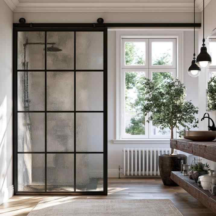 Black aluminium sliding bathroom glass door with textured glass