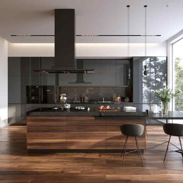 Black island kitchen chimney over walnut kitchen island