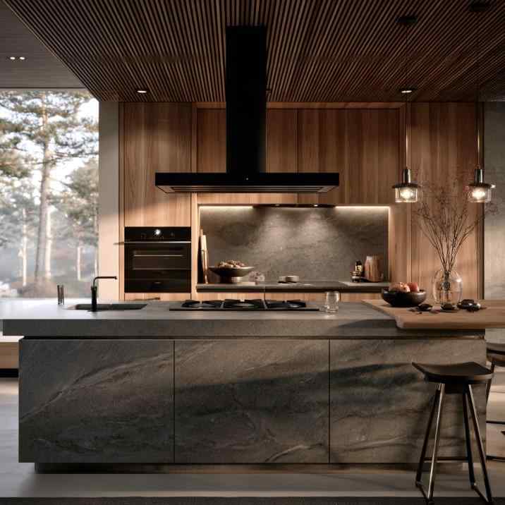 Black modular kitchen chimney design against wooden cabinets