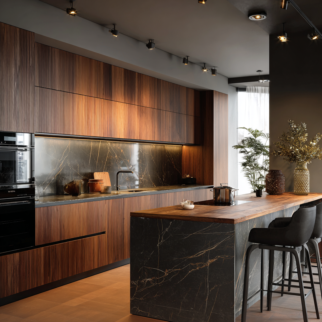Normal kitchen decoration using warm pendant lights over a dark stone island