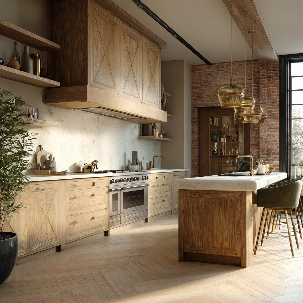 Normal kitchen tiles design featuring a clean white marble backsplash and warm wood
