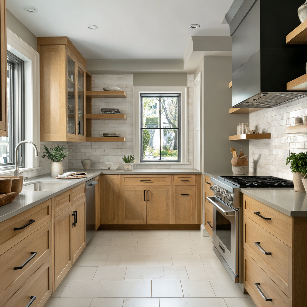 Normal indian kitchen style with light wood cabinets and a bright window view
