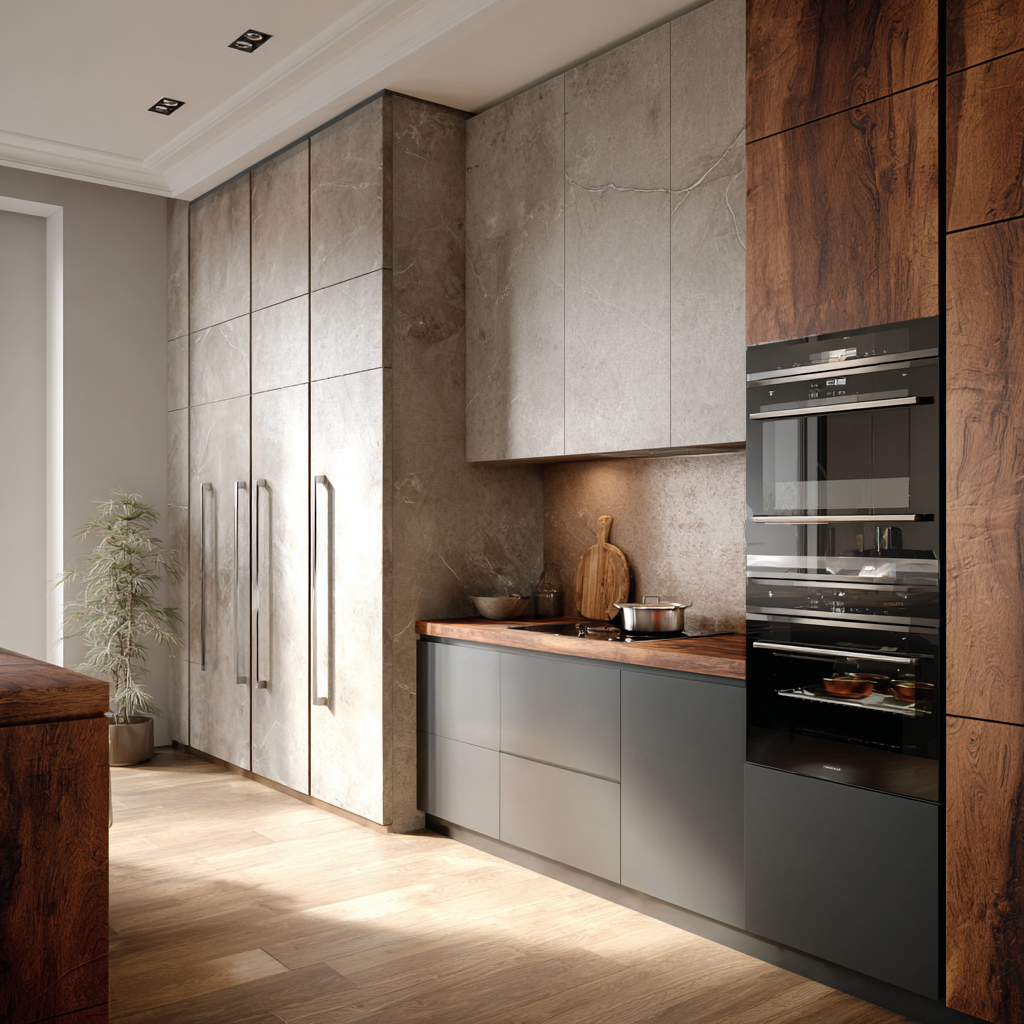 Normal kitchen colour trends featuring sleek dark grey cabinets and wood accents.
