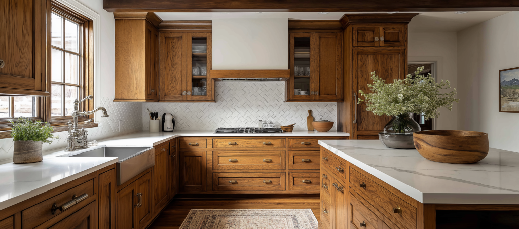 Normal open kitchen design with wooden shelves and a functional U-shaped layout