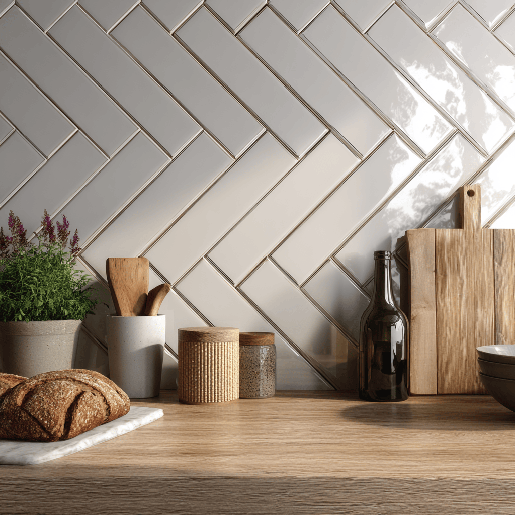 3D tiles for kitchen wall with white modern herringbone design