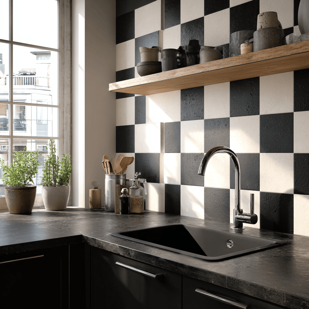 Black and white tiles kitchen wall showcasing modern checkerboard pattern
