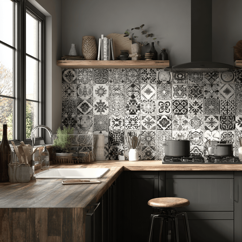 Black and white kitchen wall tiles design with modern patterned texture