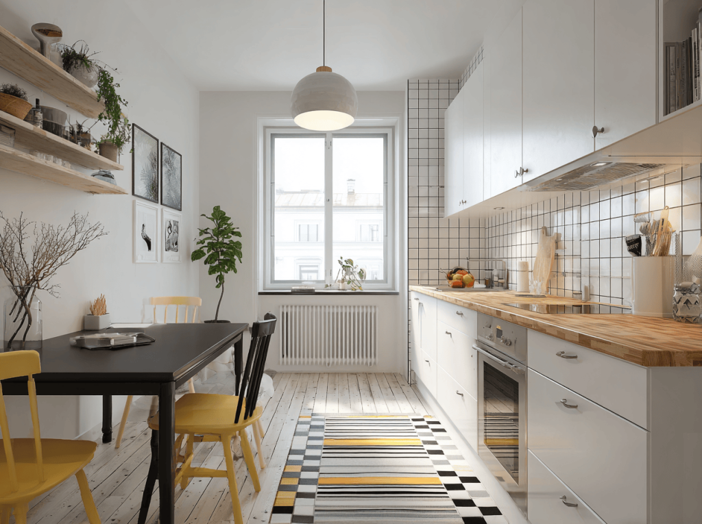 Black and white tiles kitchen wall design in modern dining space