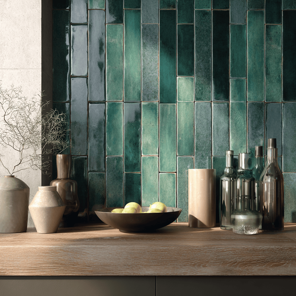 Indian kitchen wall tiles design with deep green handcrafted finish