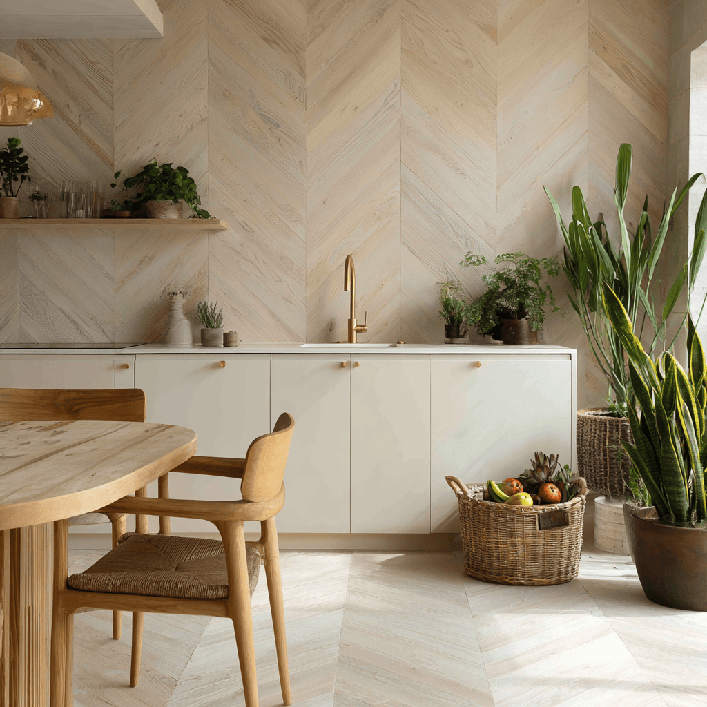 Kitchen wall tiles ideas with modern wood textured chevron pattern