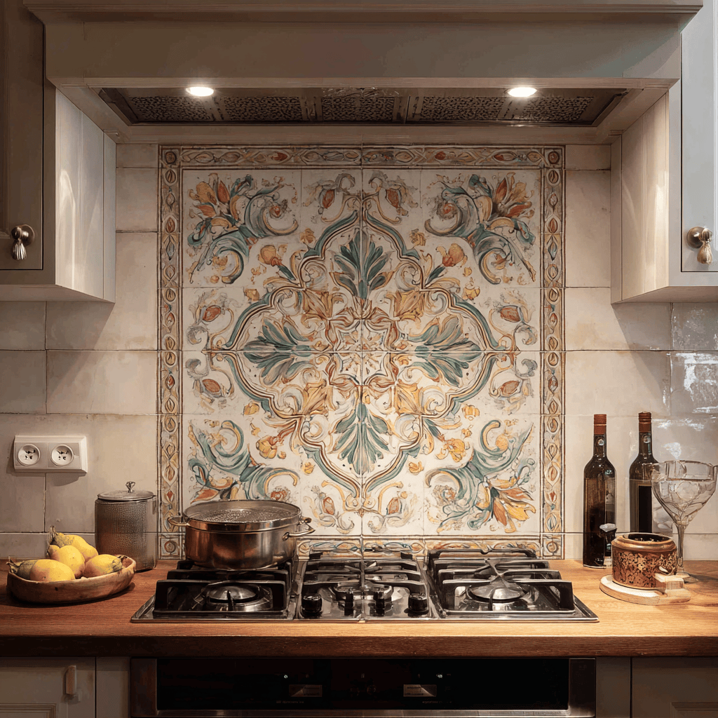 Latest kitchen wall tiles ideas with classic hand-painted floral artwork