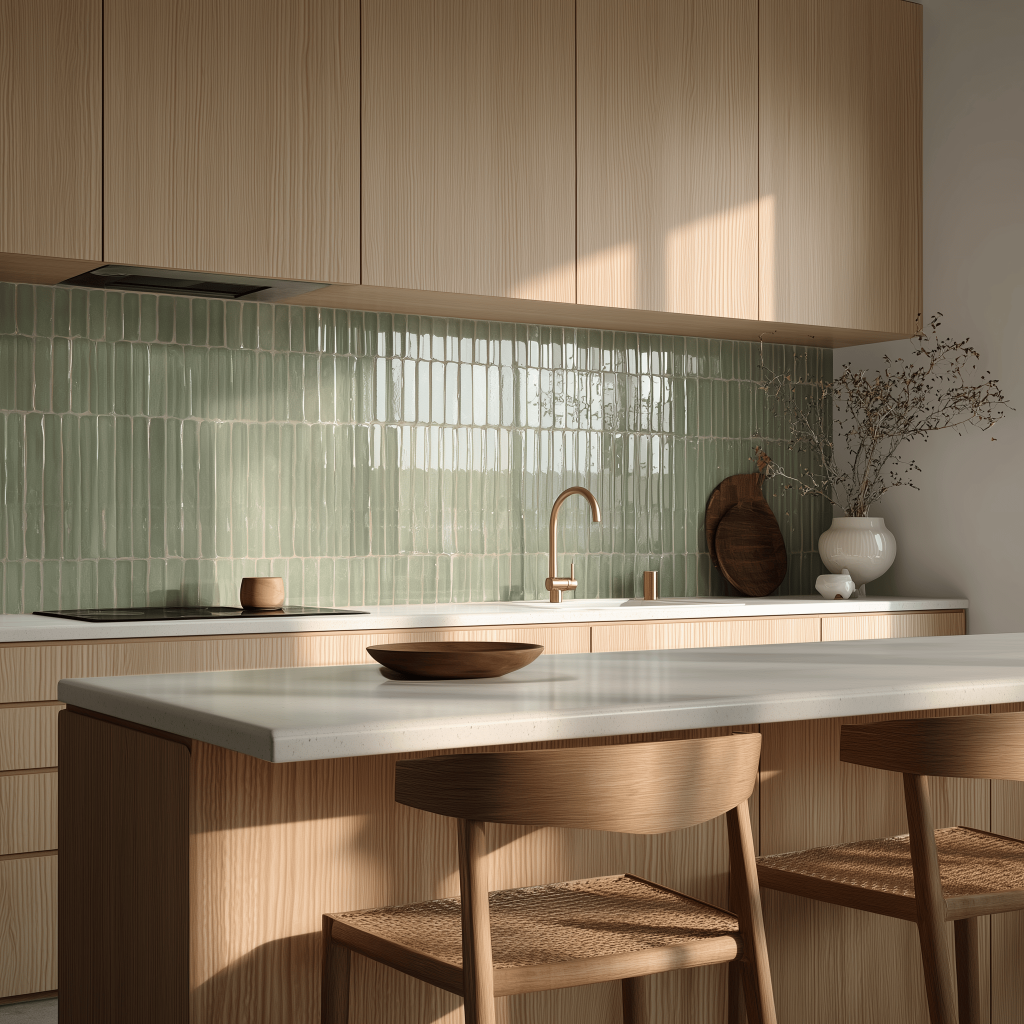 Latest kitchen wall tiles design with textured green vertical finish