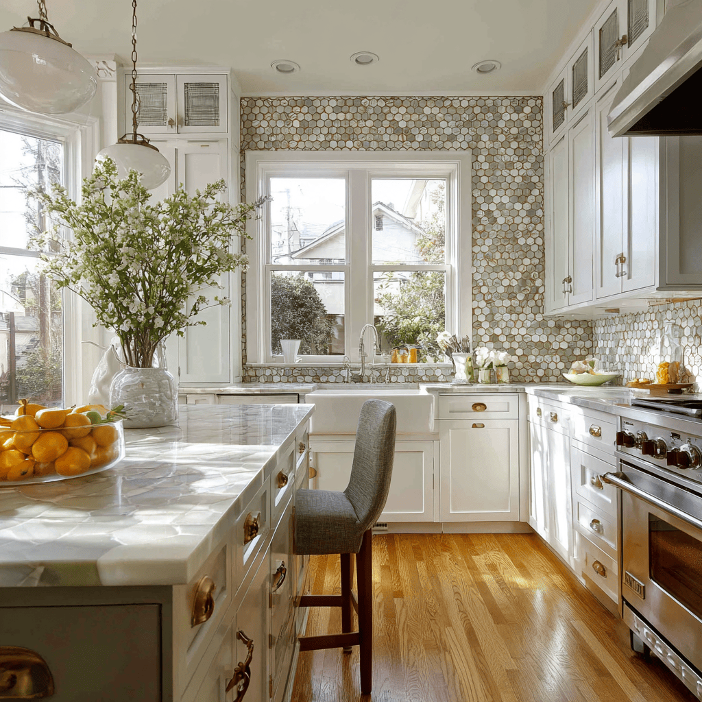 Latest modern kitchen wall tiles ideas with seamless honeycomb texture