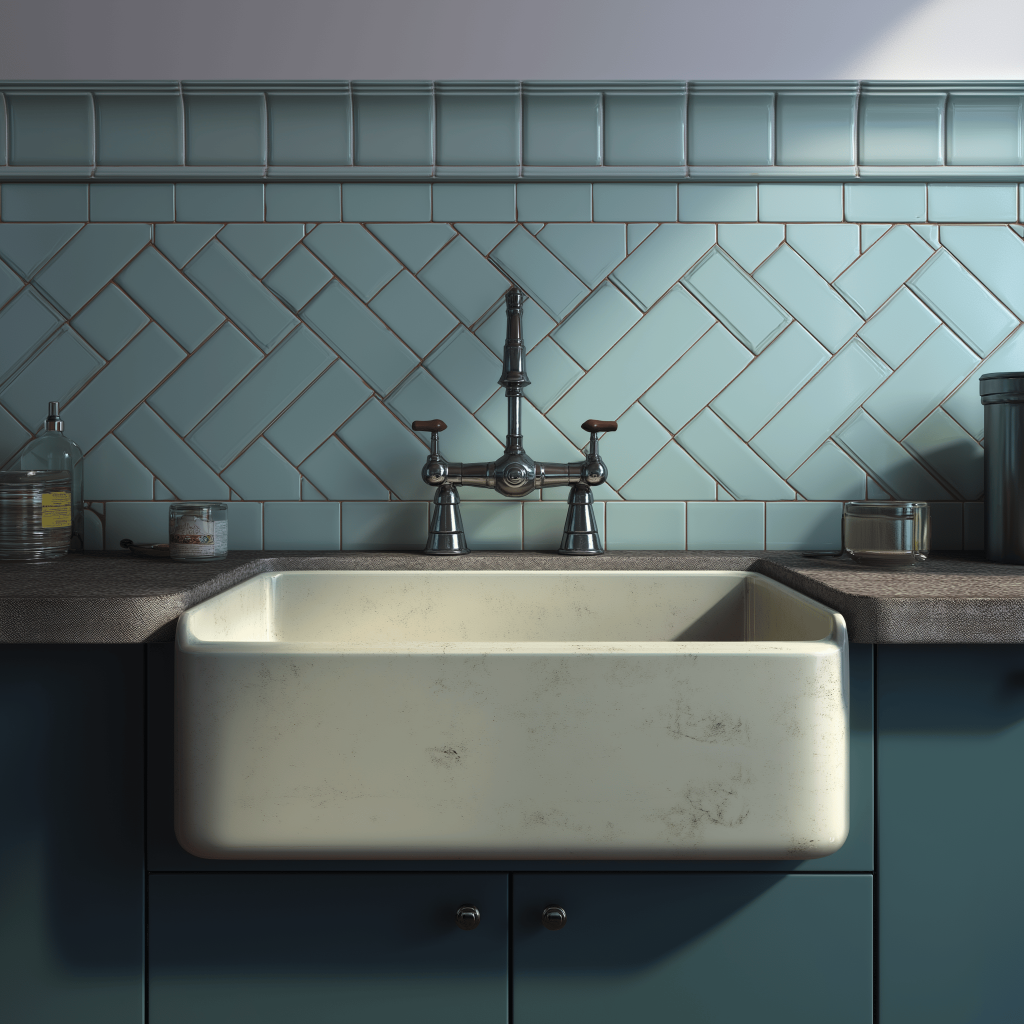 Modern kitchen wall tiles design featuring pastel herringbone pattern style