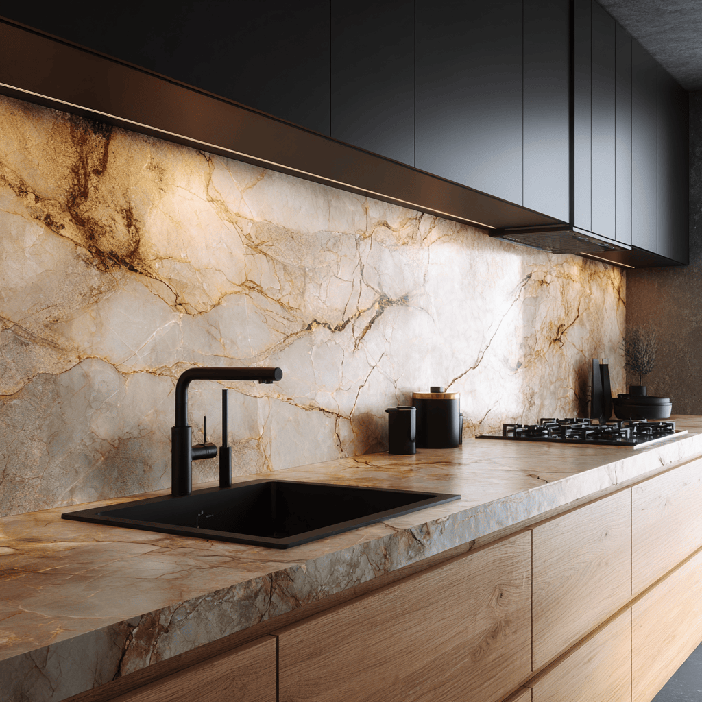 Modular kitchen wall tiles design with seamless marble texture and depth