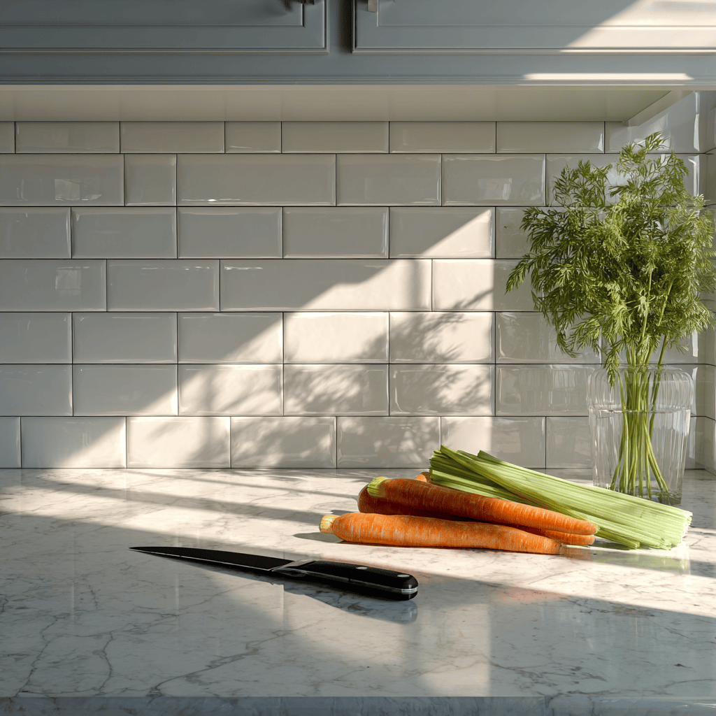 Simple kitchen wall tiles design with glossy white subway pattern