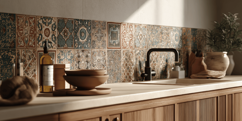 Simple kitchen wall tiles design featuring earthy patterned warm interiors