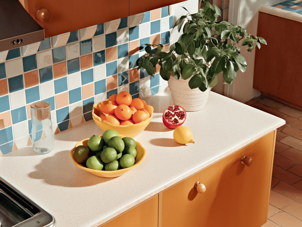 Wall kitchen tiles design with colourful squares adding vibrant modern appeal