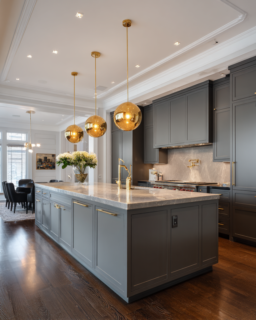 Non modular kitchen designs with elegant island and practical organisation