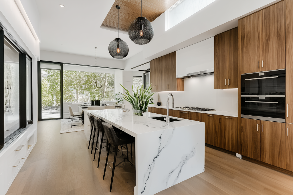 Non modular kitchen showcasing minimalist island and efficient everyday organisation