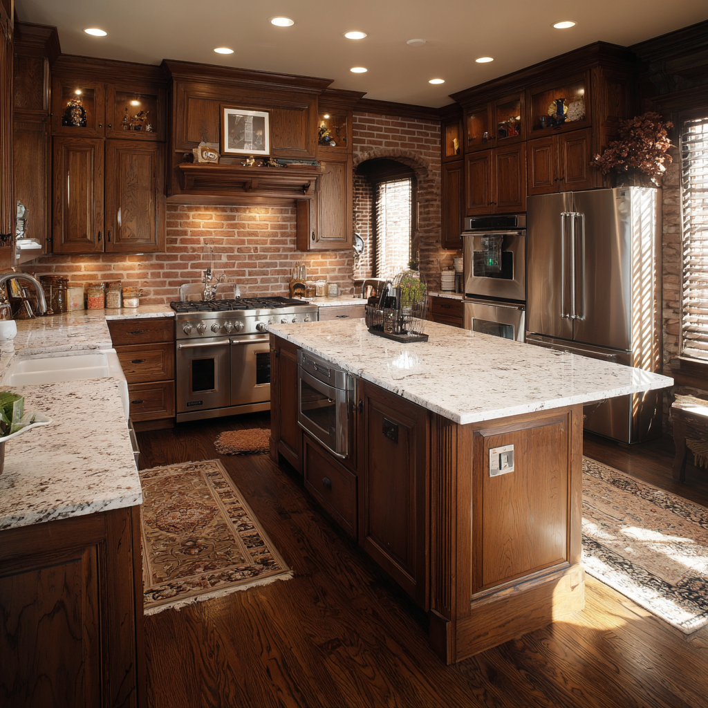Non modular kitchen organisation in traditional wooden island layout design