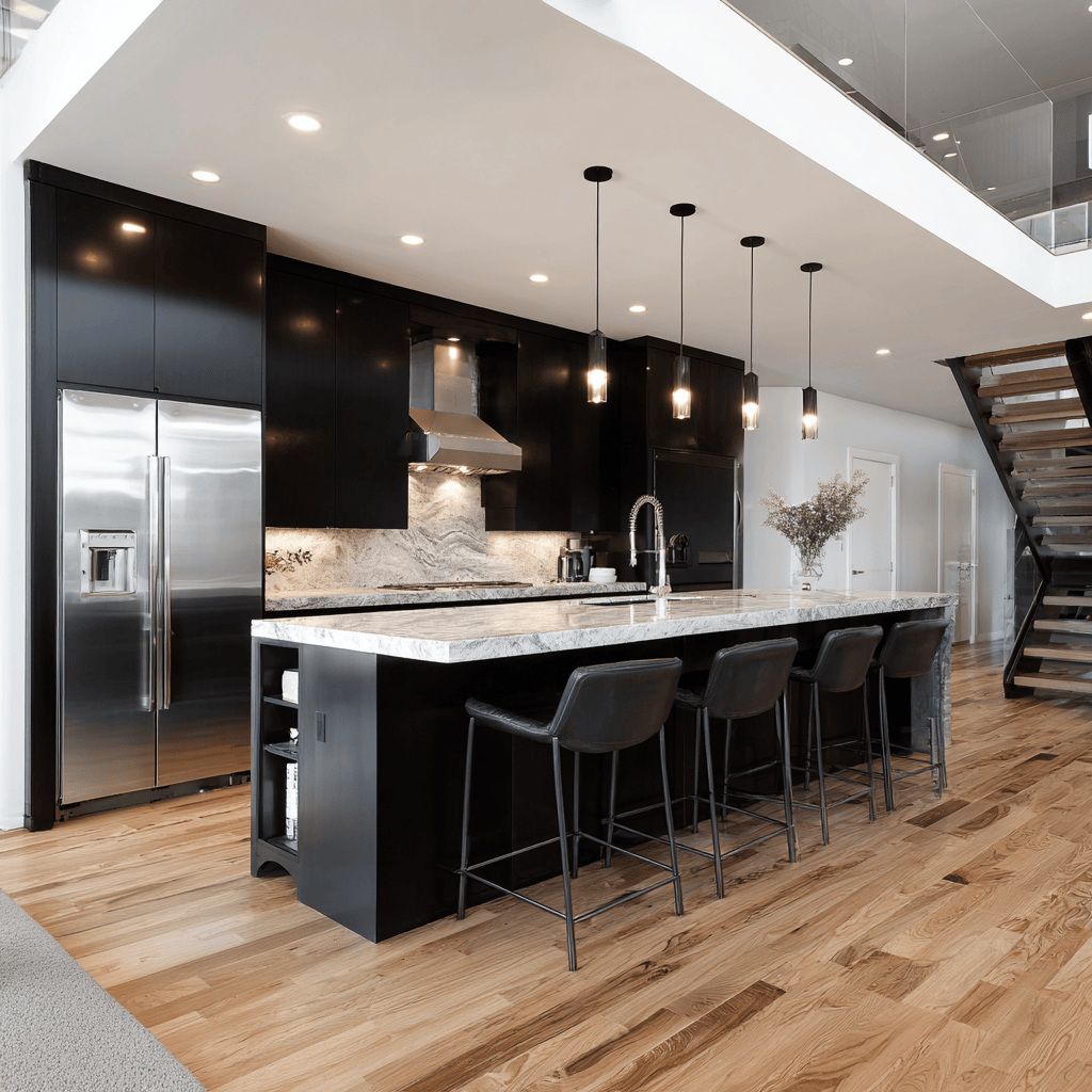 Black and white kitchen cupboards with bold island and modern lighting