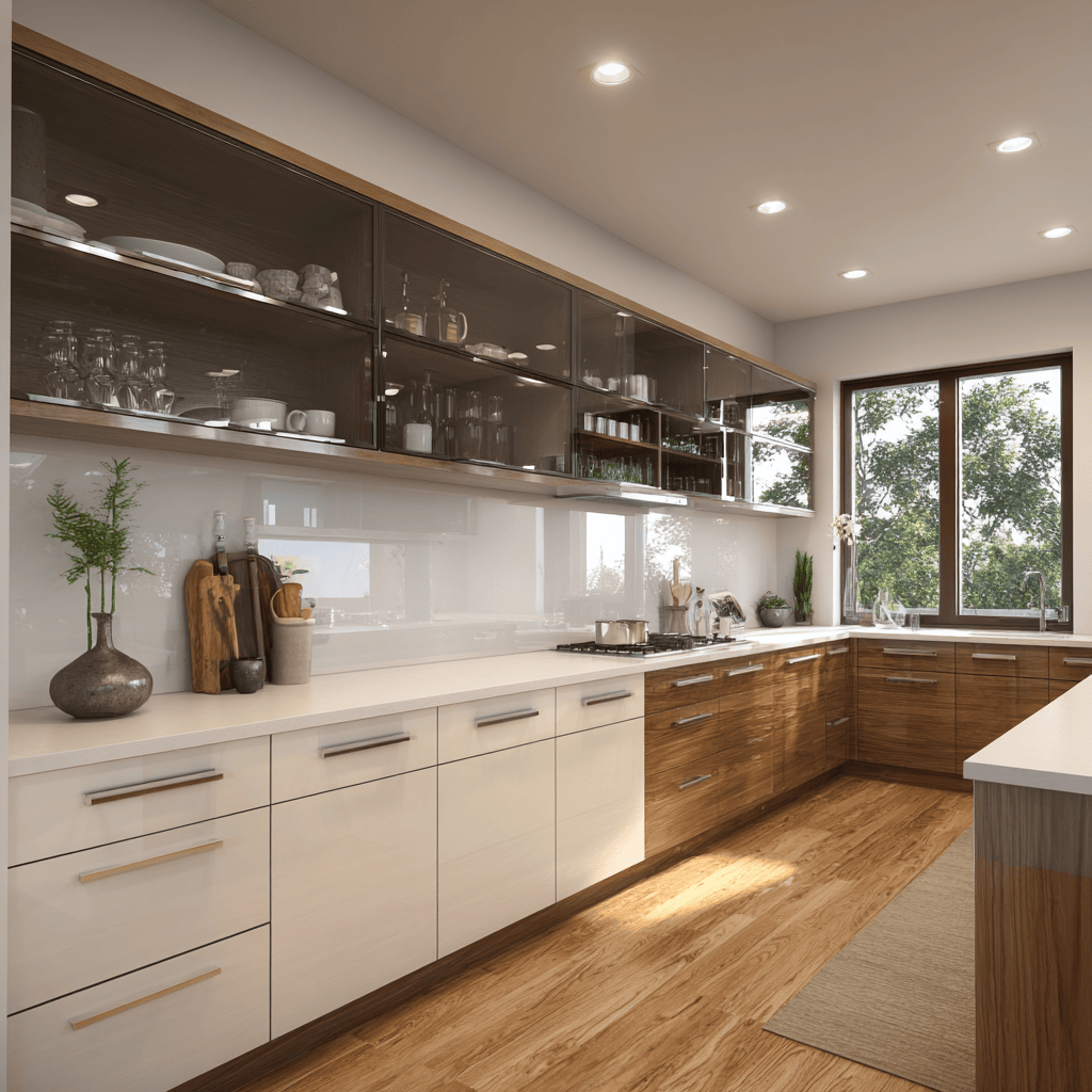 Brown and white kitchen cupboards with glass cabinets and storage