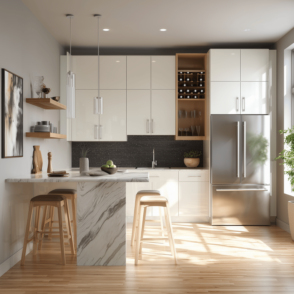 Brown and white kitchen cupboards with marble island and decor