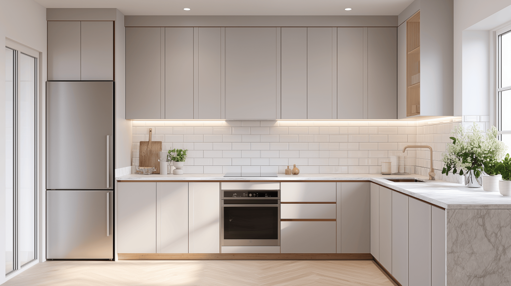 Grey and white kitchen cupboards with sleek handles and modern layout